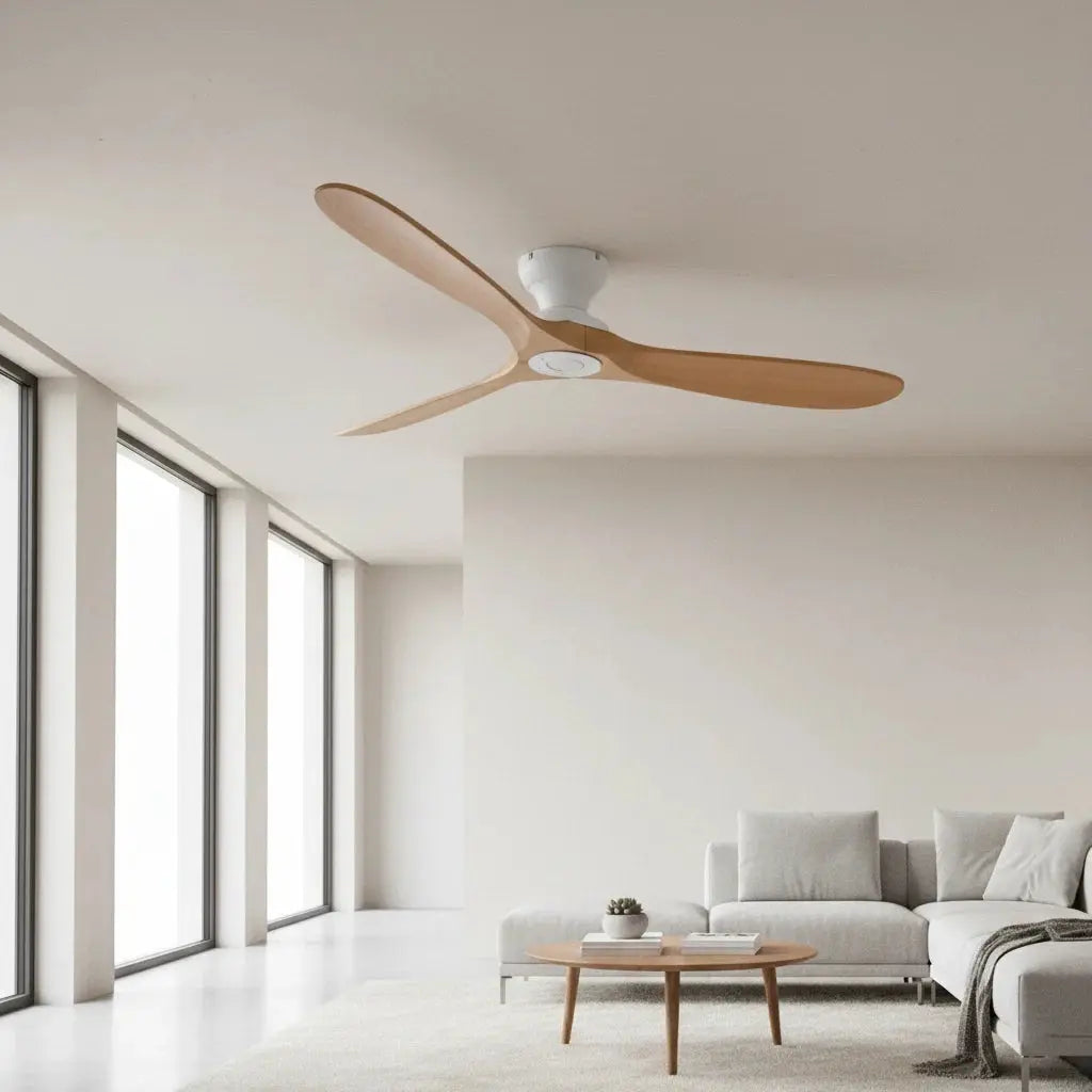 Ventilateur de plafond moteur DC en bois massif naturel et blanc Oléa