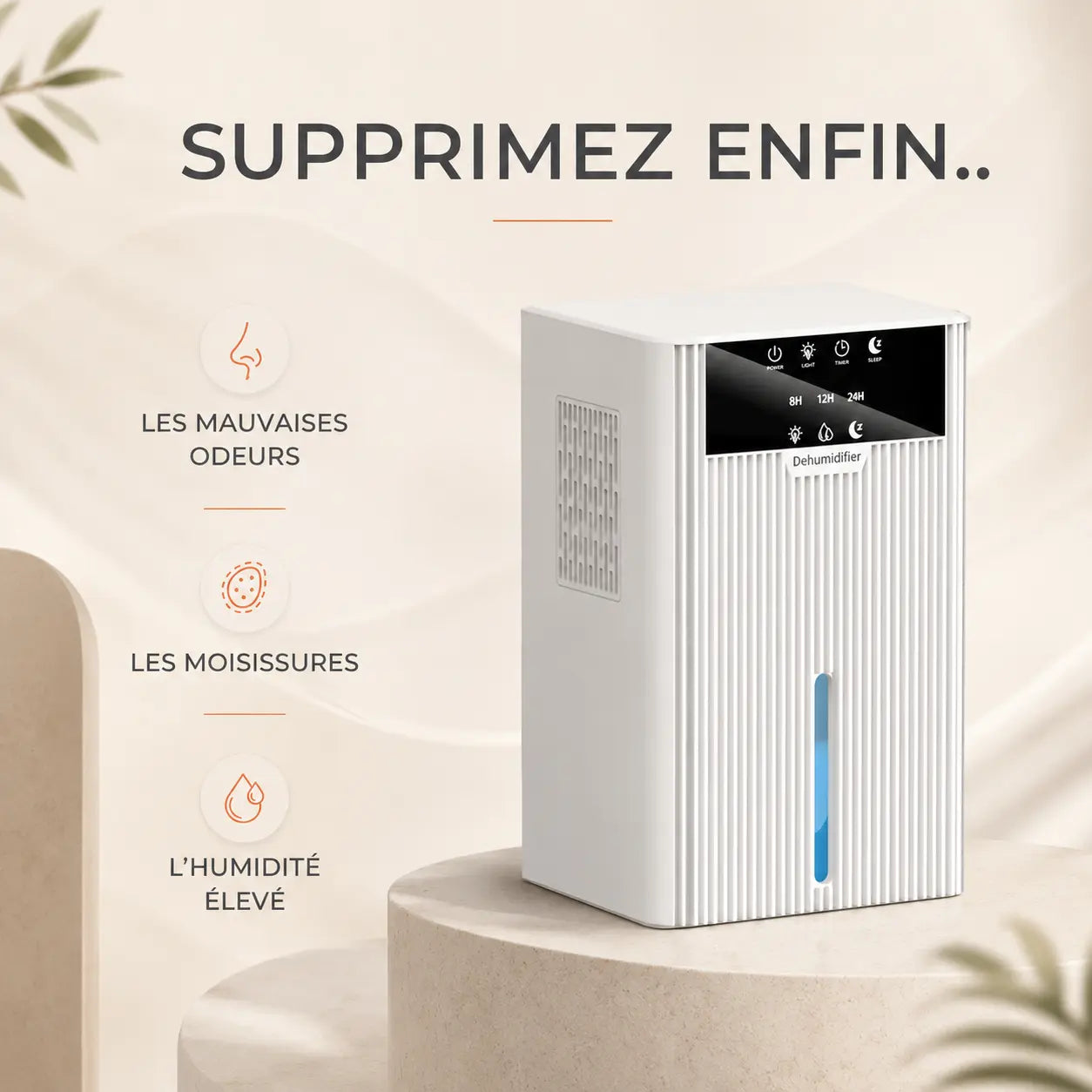 Déshumidificateur d’air Oléa Néris blanc, appareil compact et moderne pour éliminer l’humidité dans la pièce.