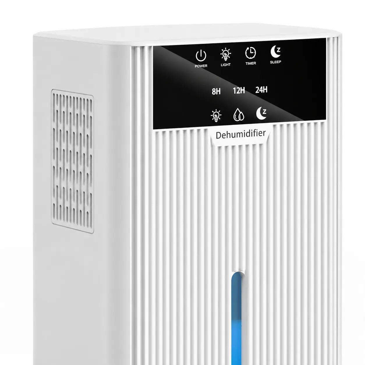 Déshumidificateur d’air Oléa Néris blanc avec panneau de contrôle et évacuation d’humidité visible.