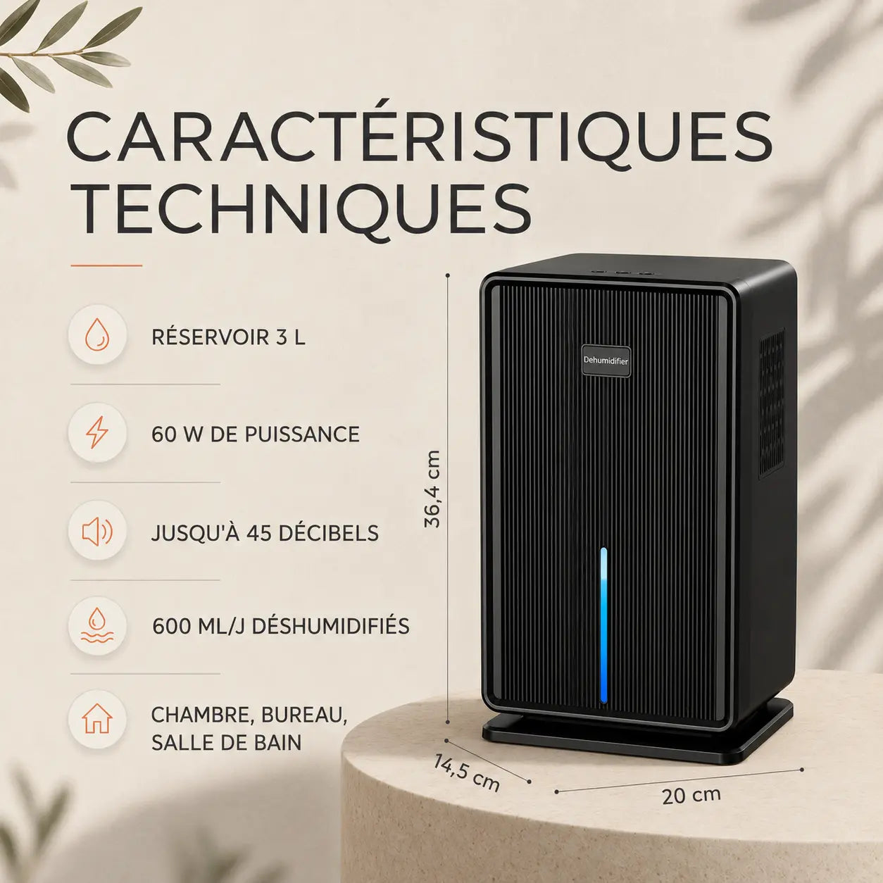 Déshumidificateur d’air silencieux Oléa Néris Max – Noir