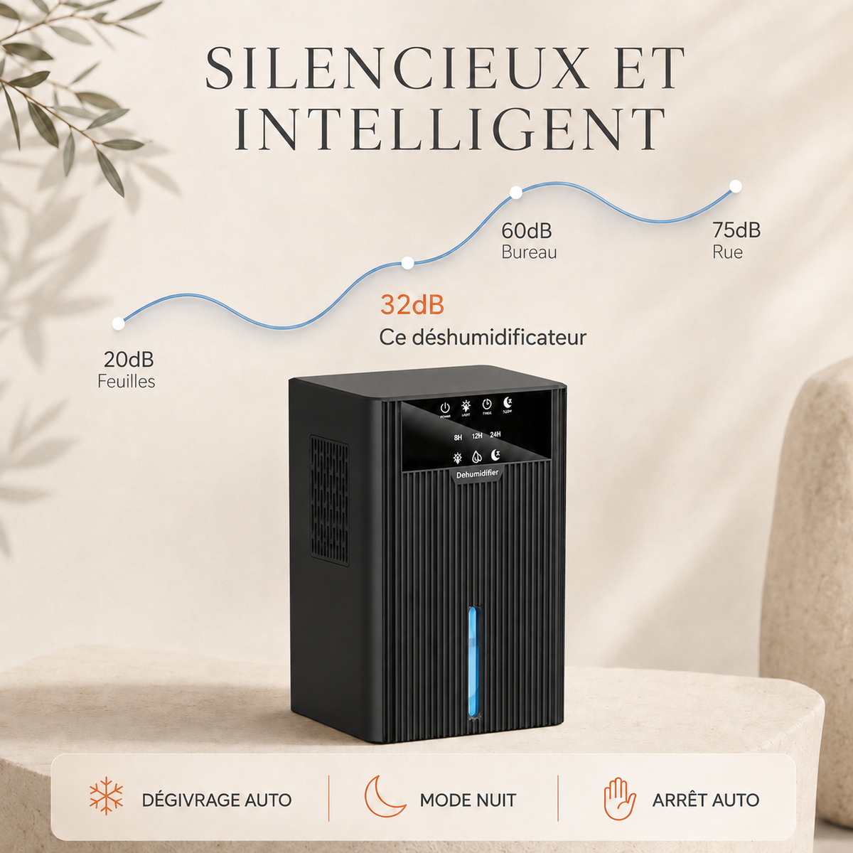 Déshumidificateur d’air Oléa Néris noir avec écran numérique et réglages automatiques pour une atmosphère saine.
