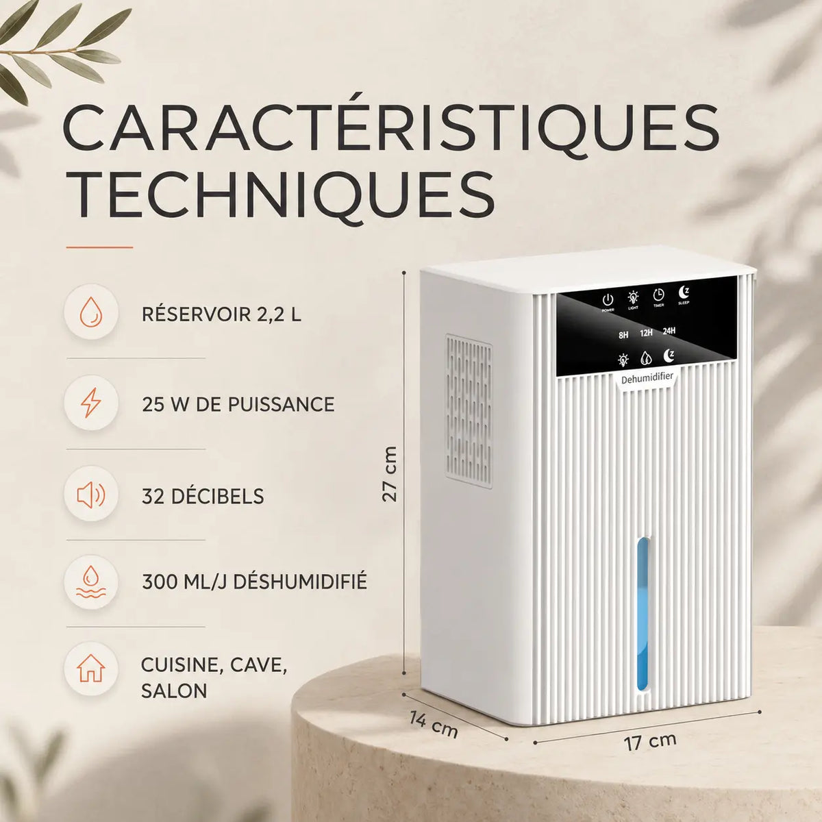 Déshumidificateur d’air Oléa Néris blanc avec affichage numérique et design élégant pour contrôler l’humidité intérieure.