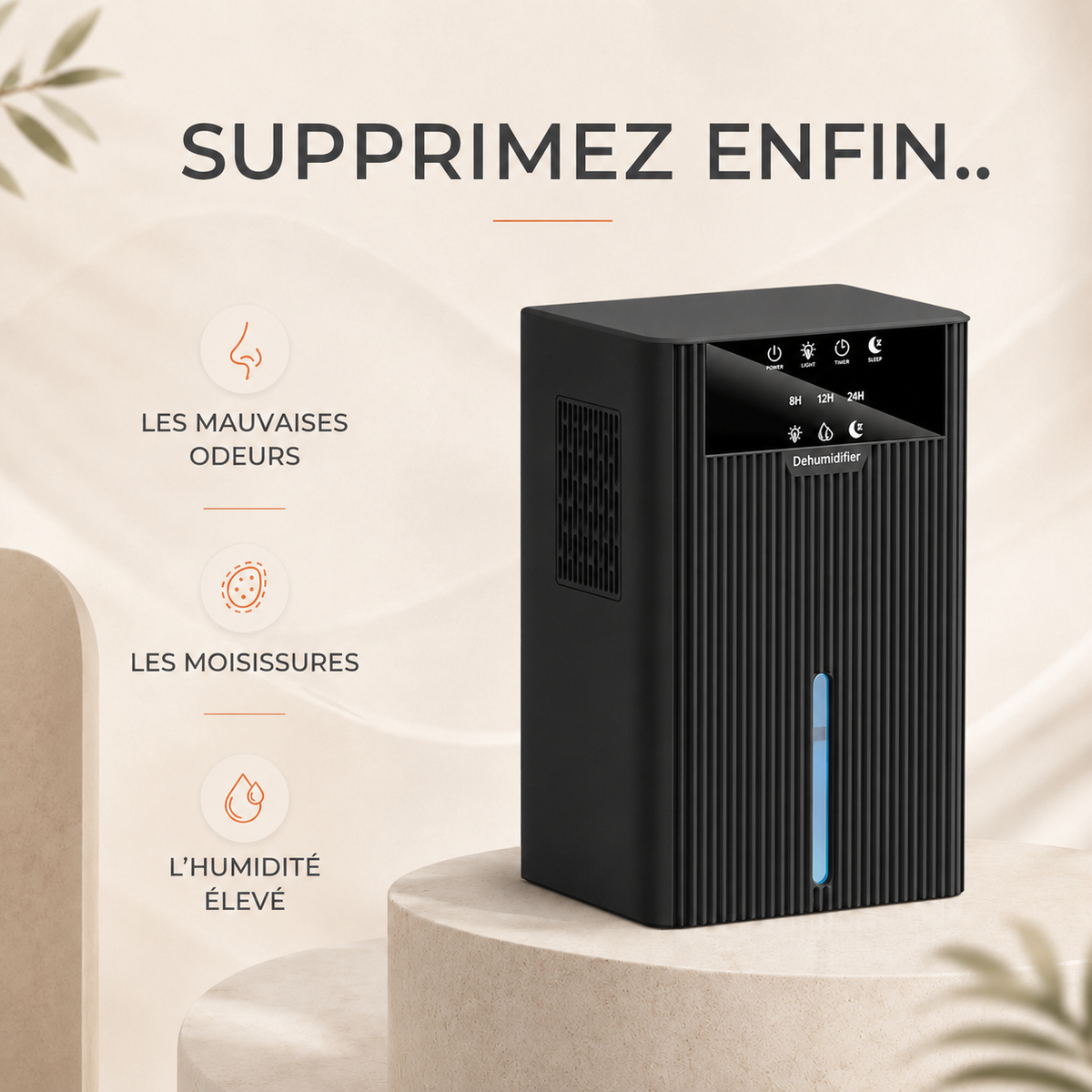 Déshumidificateur d’air Oléa Néris noir avec écran digital et poignée, idéal pour contrôler l’humidité dans la pièce.