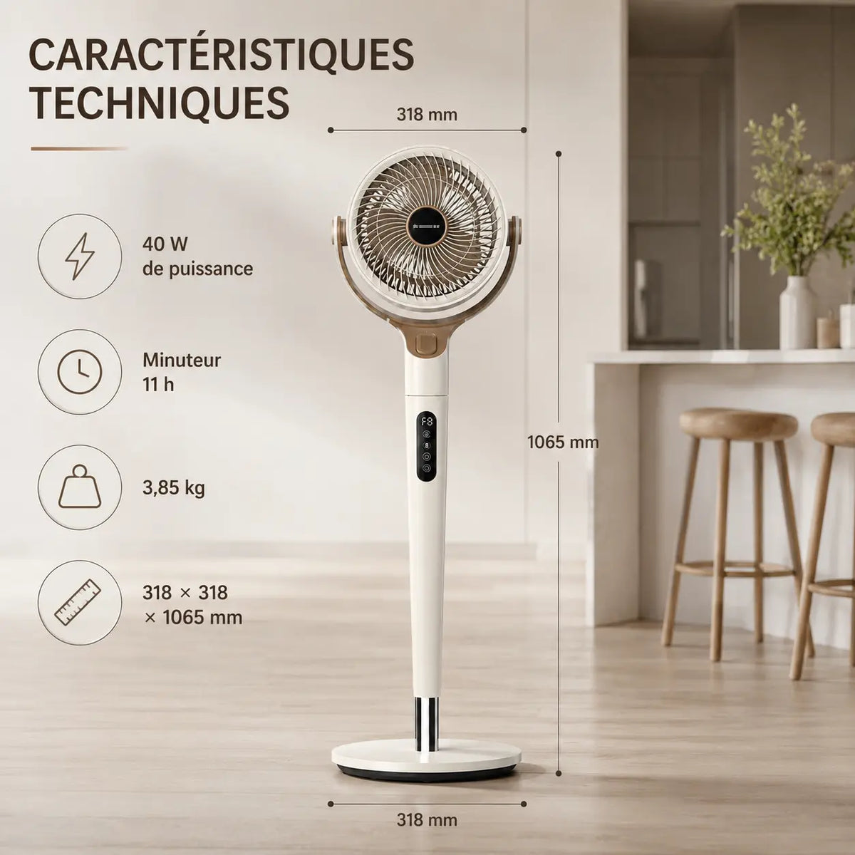 Ventilateur sur pied Oléa Aéris crème avec grille métallique, oscillant et réglable pour une circulation d'air efficace.
