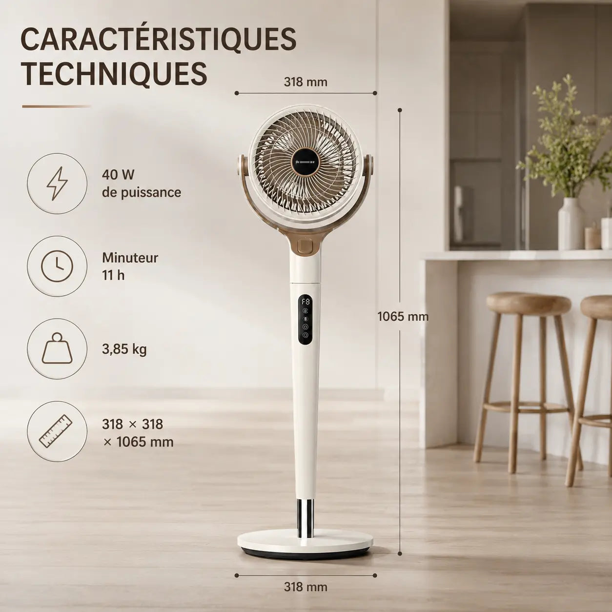 Ventilateur sur pied Oléa Aéris crème avec grille métallique, oscillant et réglable pour une circulation d'air efficace.