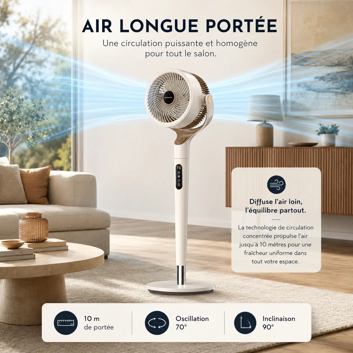 Ventilateur sur pied Oléa Aéris couleur crème, avec grille métallique et pied stable, idéal pour rafraîchir la pièce.