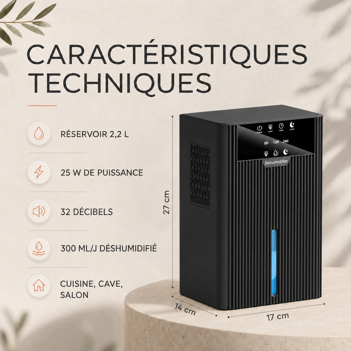 Déshumidificateur d’air Oléa Néris noir, compact et moderne, avec affichage numérique et poignée pour une utilisation facile.