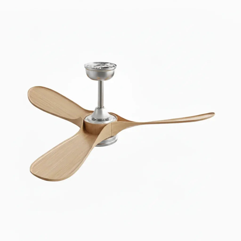 Ventilateur plafond design scandinave argenté et bois naturel avec éclairage LED Oléa