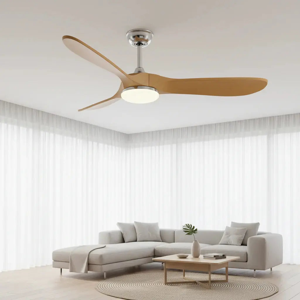 Ventilateur plafond design scandinave argenté et bois naturel avec éclairage LED Oléa