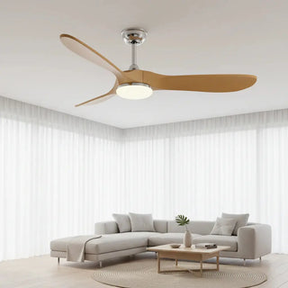 Ventilateur plafond design scandinave silencieux argenté et bois naturel avec éclairage LED