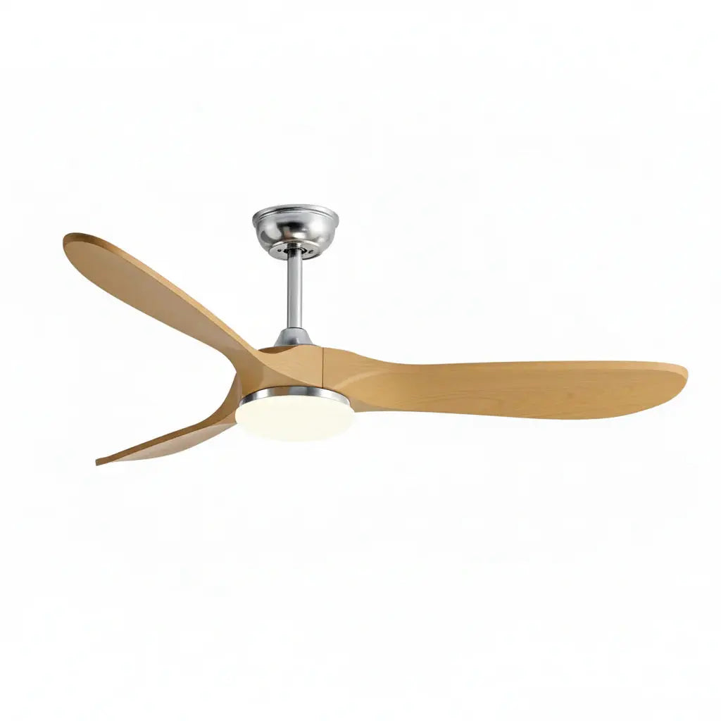 Ventilateur plafond design scandinave argenté et bois naturel avec éclairage LED Oléa