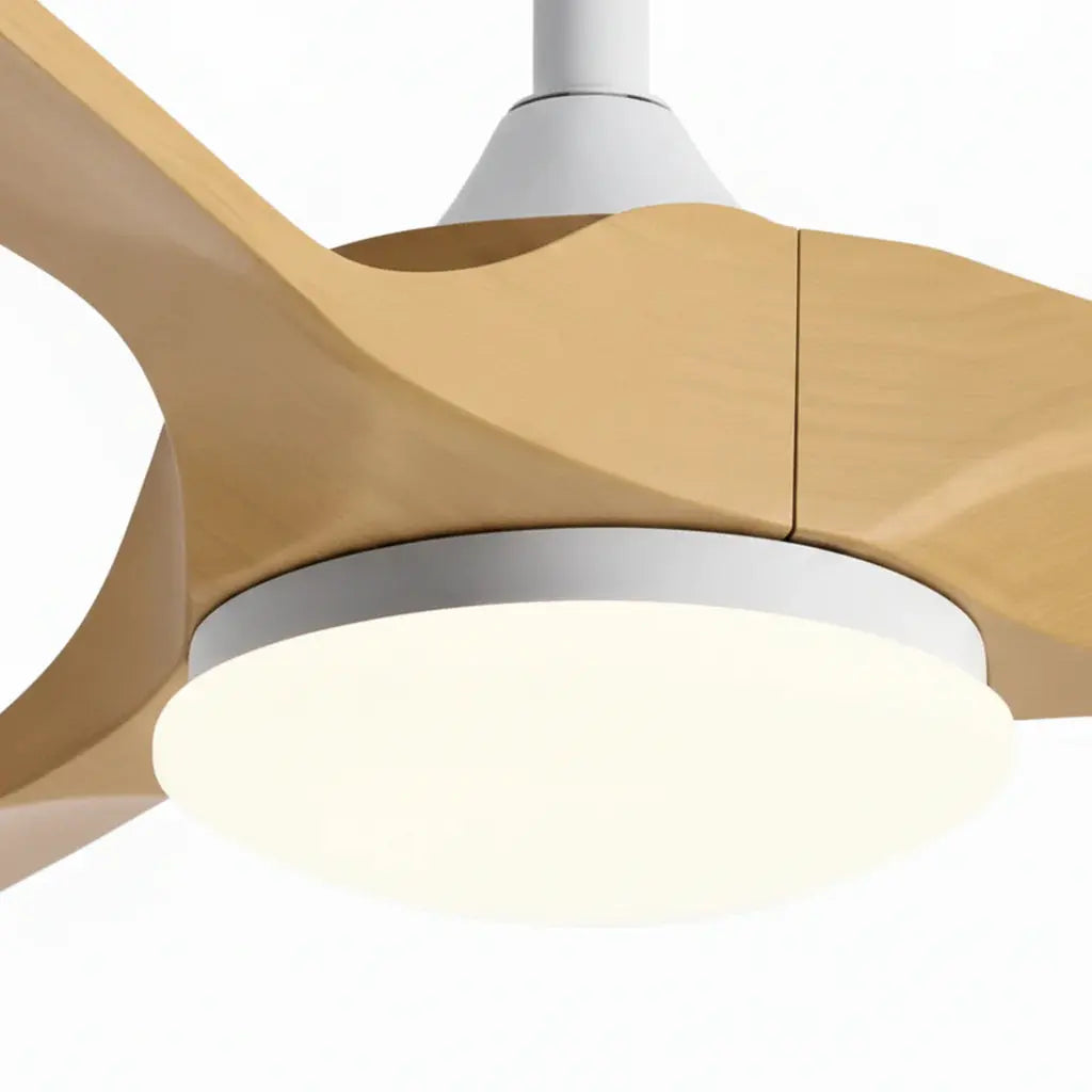 Ventilateur plafond design scandinave blanc et bois naturel avec éclairage LED Oléa