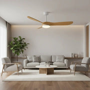Ventilateur plafond design scandinave silencieux blanc et bois naturel avec éclairage LED