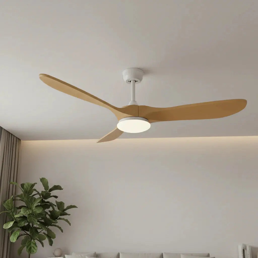 Ventilateur plafond design scandinave blanc et bois naturel avec éclairage LED Oléa