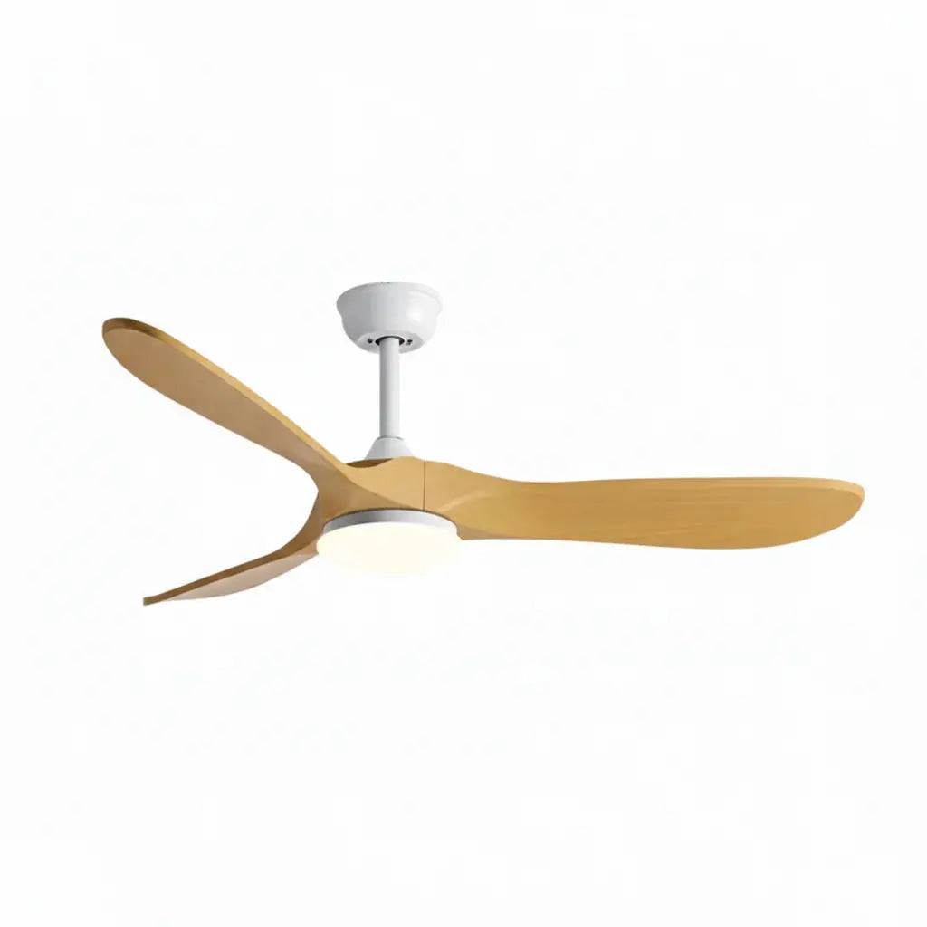 Ventilateur plafond design scandinave blanc et bois naturel avec éclairage LED Oléa