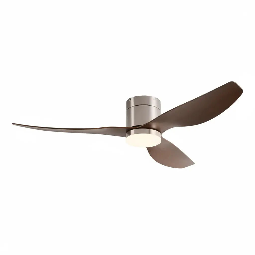 Ventilateur de plafond ultra-plat argenté et bois foncé avec éclairage LED Oléa