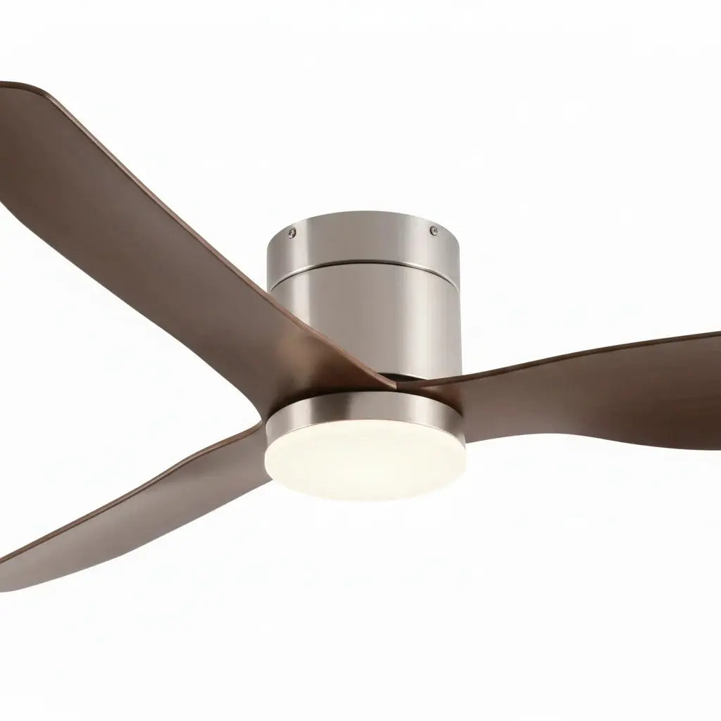 Ventilateur de plafond ultra-plat argenté et bois foncé avec éclairage LED Oléa
