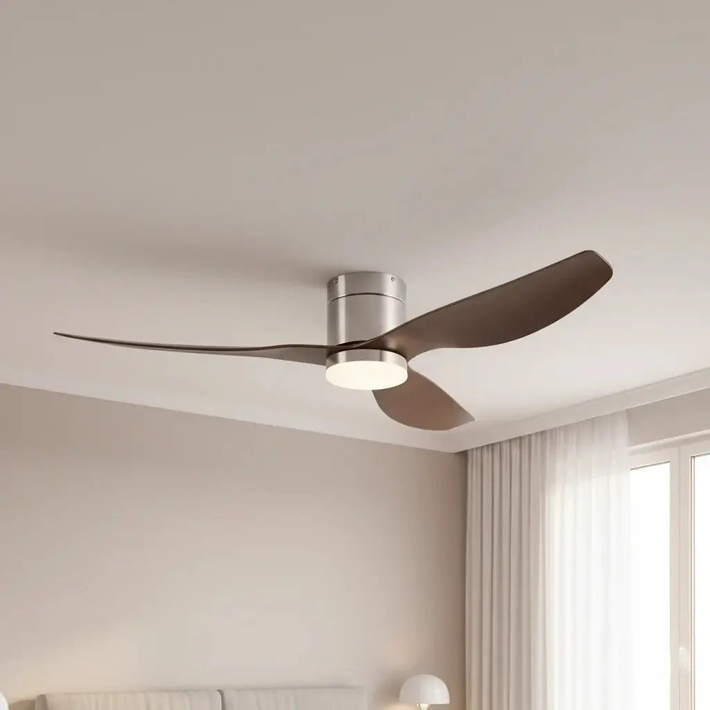 Ventilateur de plafond ultra-plat argenté et bois foncé avec éclairage LED Oléa