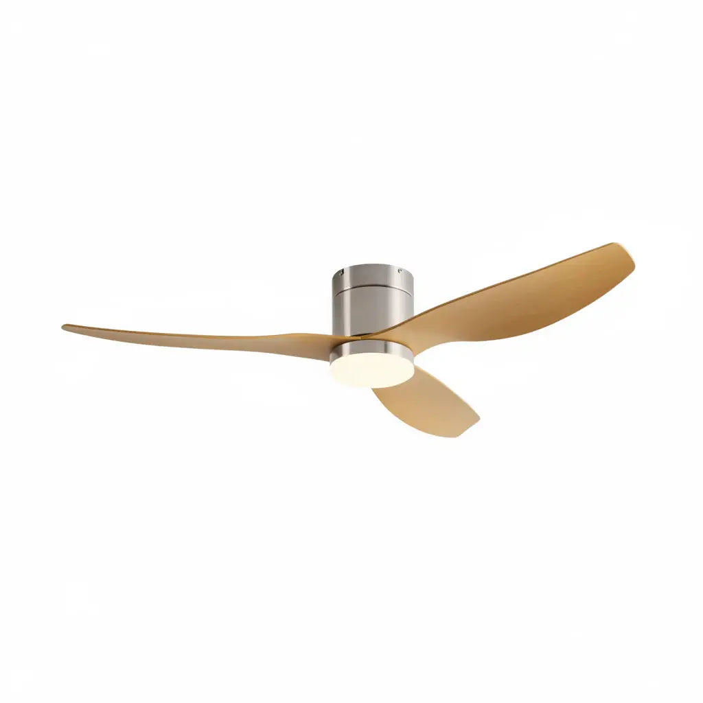 Ventilateur de plafond ultra-plat argenté et bois clair pour chambre avec éclairage LED Oléa
