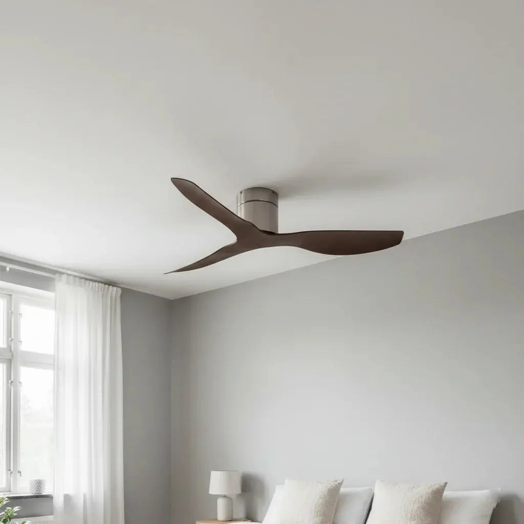 Ventilateur de plafond réversible ultra-plat argenté et bois foncé sans éclairage Oléa