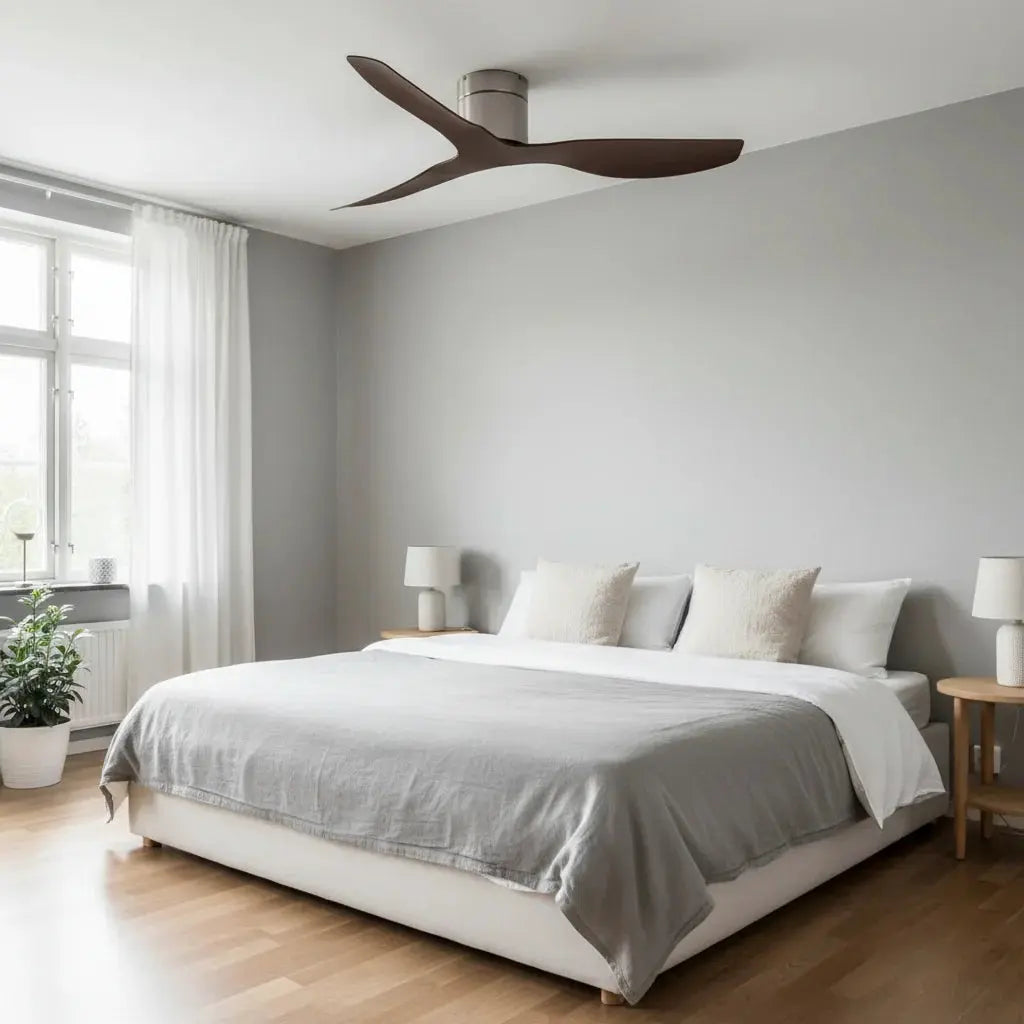 Ventilateur de plafond réversible ultra-plat argenté et bois foncé sans éclairage Oléa