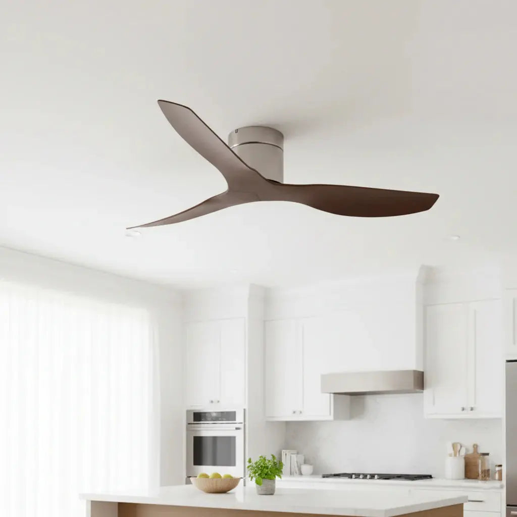 Ventilateur de plafond réversible ultra-plat argenté et bois foncé sans éclairage Oléa