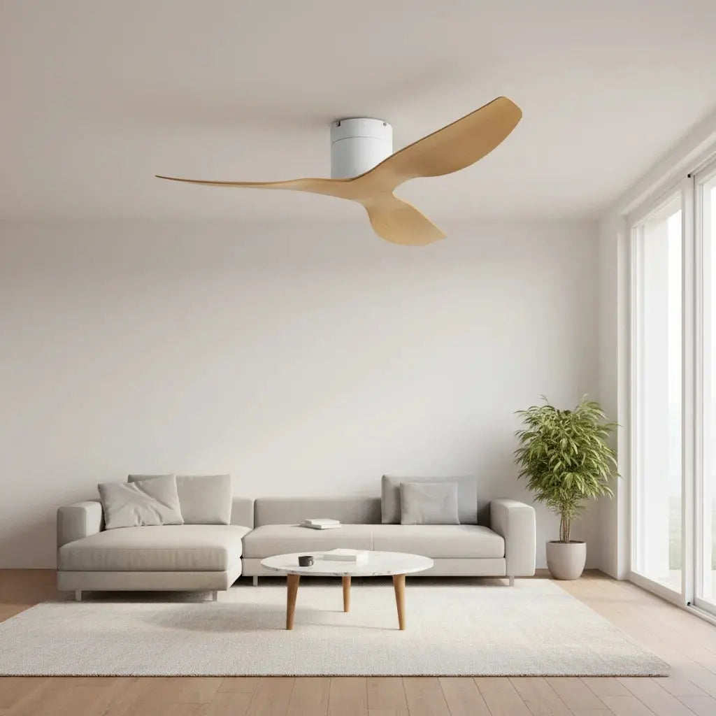 Ventilateur de plafond bois clair ultra-plat blanc sans éclairage Oléa