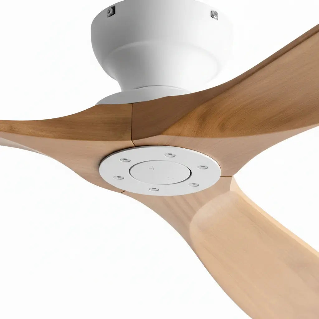 Ventilateur de plafond moteur DC en bois massif naturel et blanc Oléa