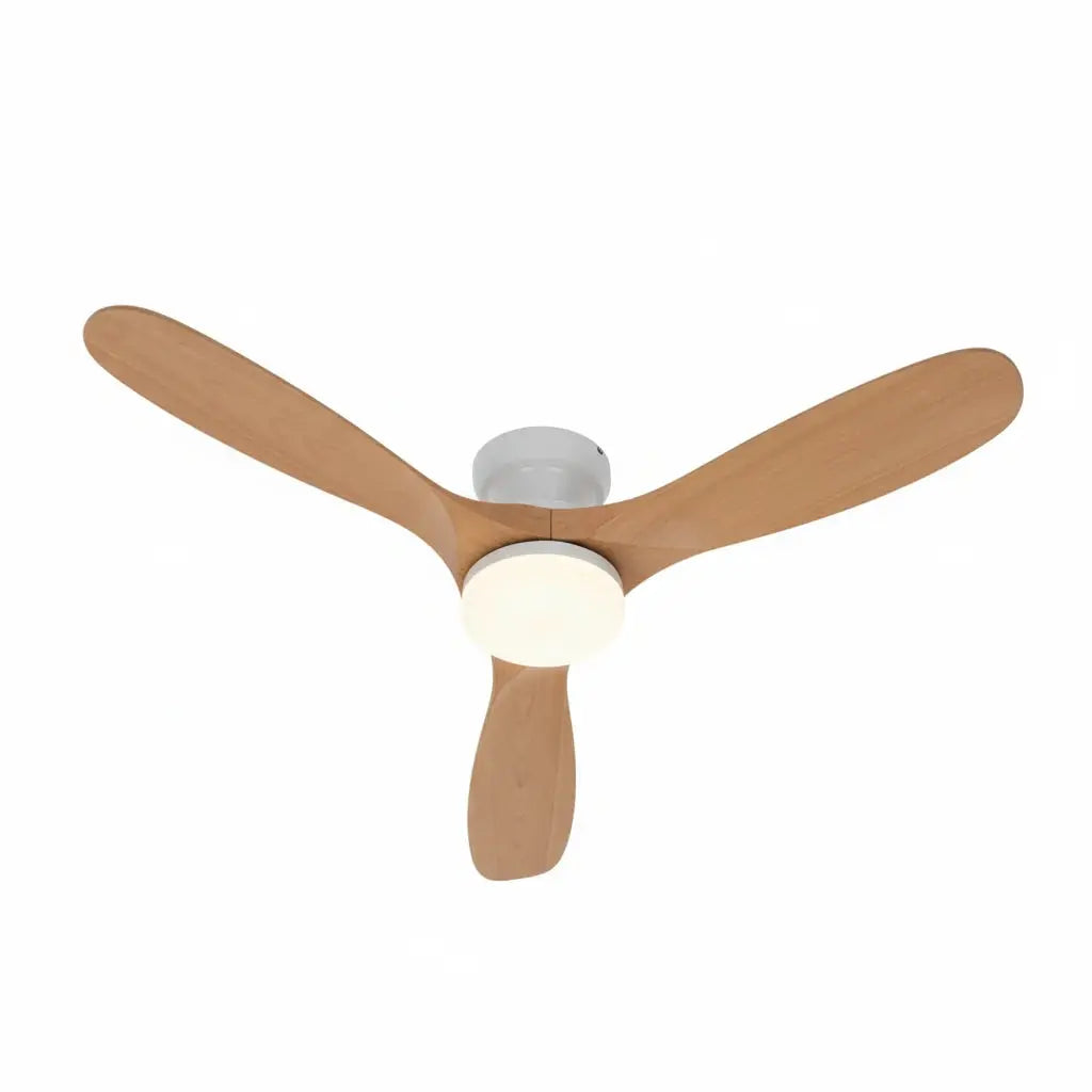 Ventilateur plafond salon bois naturel et blanc avec éclairage LED Oléa