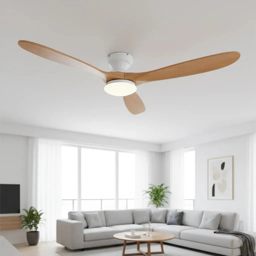 Ventilateur plafond salon bois naturel et blanc avec éclairage LED Oléa