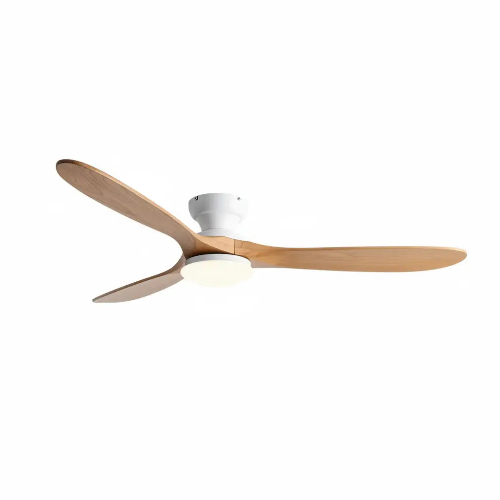 Ventilateur plafond salon bois naturel et blanc avec éclairage LED Oléa