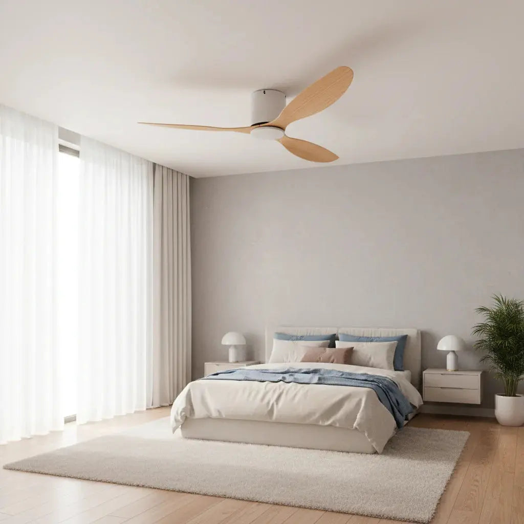 Ventilateur de plafond sans éclairage blanc et bois clair Oléa