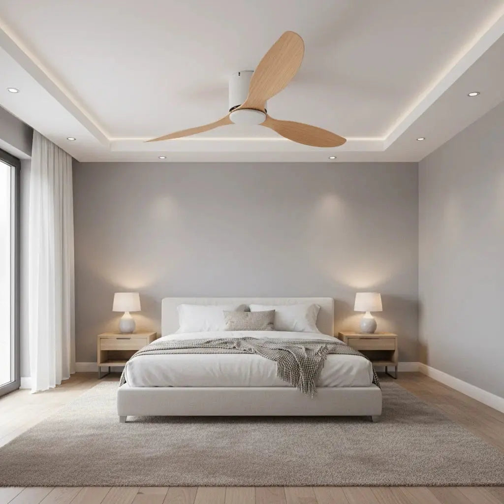 Ventilateur de plafond sans éclairage blanc et bois clair Oléa