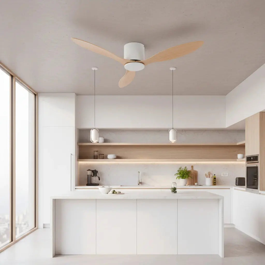 Ventilateur de plafond sans éclairage blanc et bois clair Oléa