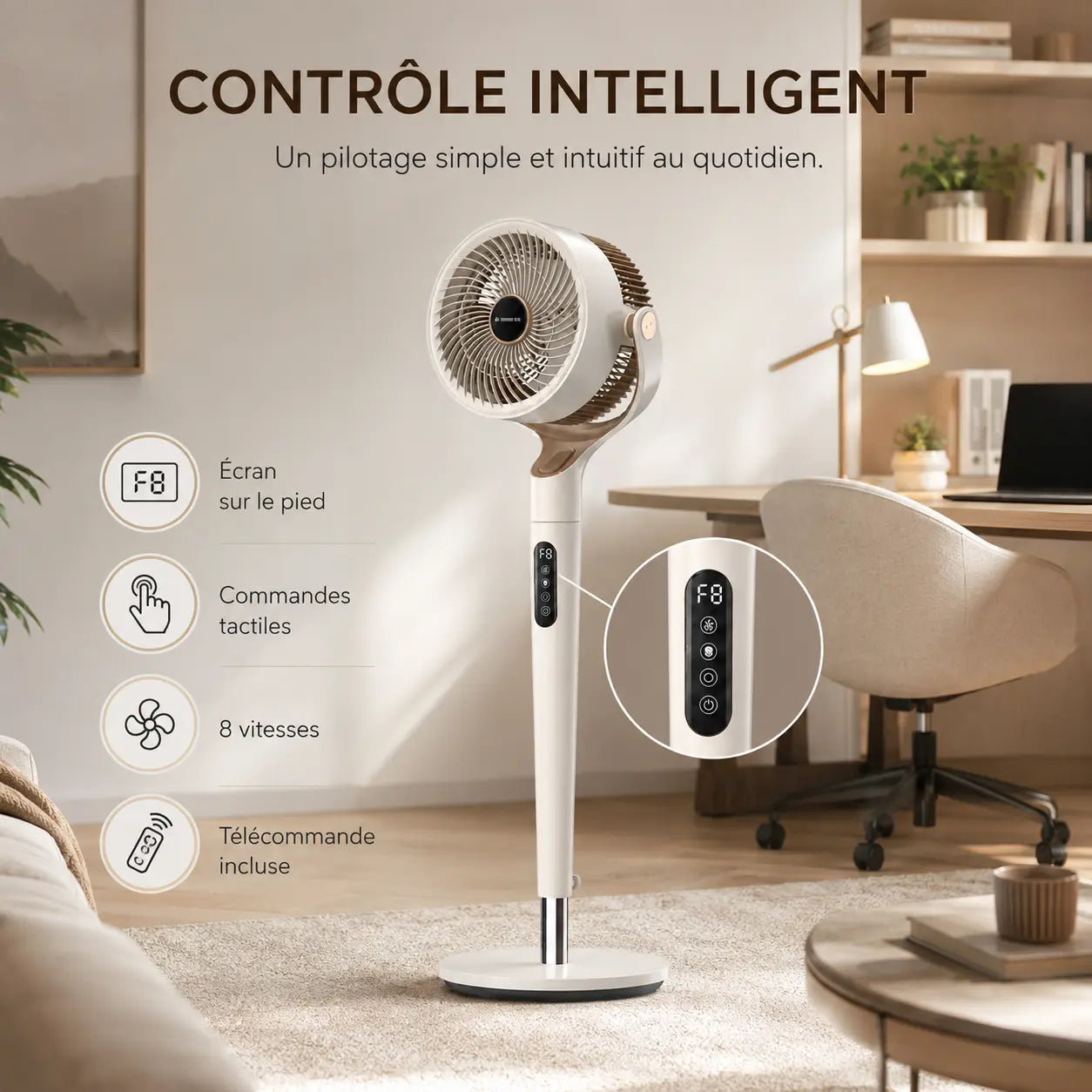 Ventilateur sur pied Oléa Aéris crème avec grille en métal et oscillation pour une fraîcheur optimale dans la pièce