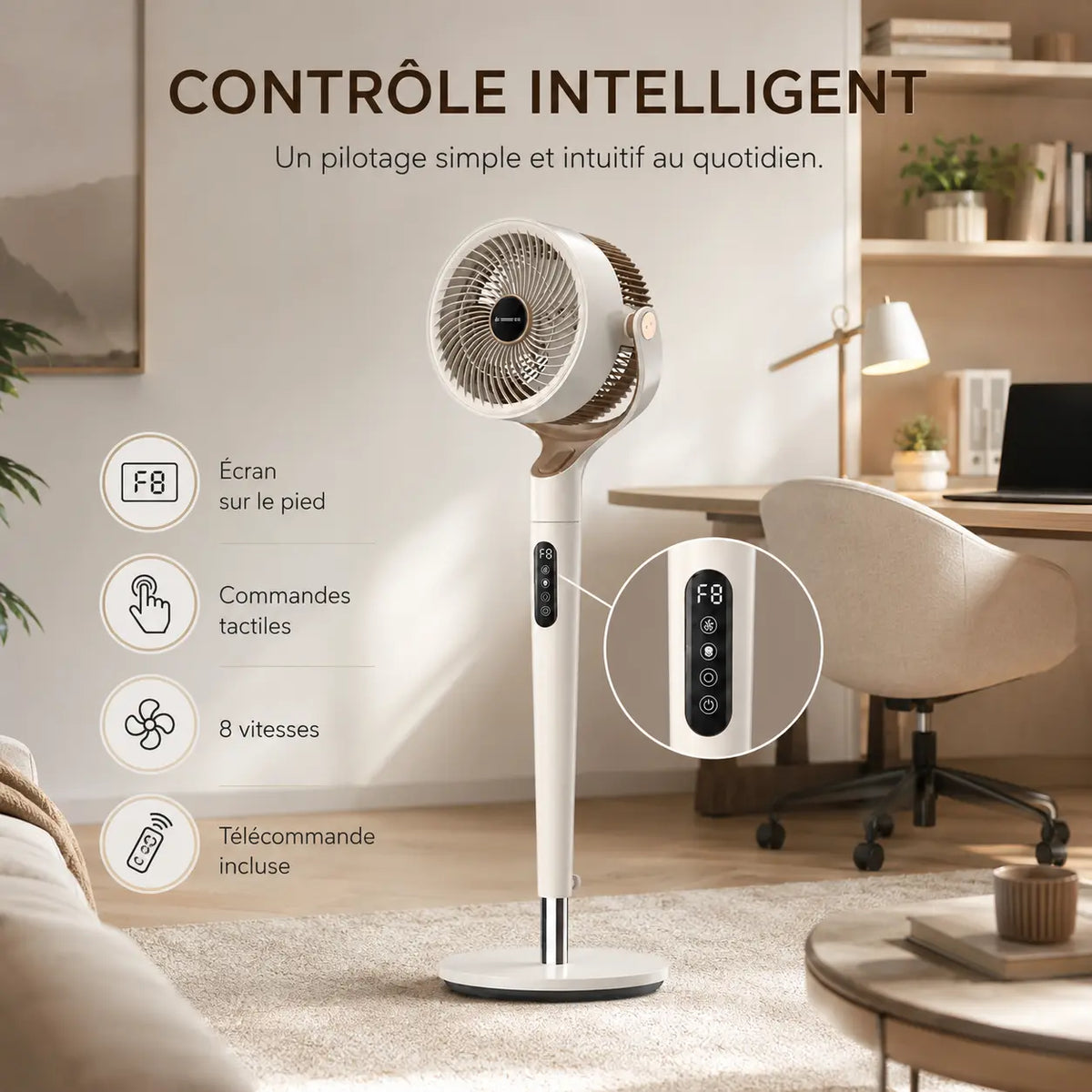 Ventilateur sur pied Oléa Aéris crème avec grille en métal et oscillation pour une fraîcheur optimale dans la pièce