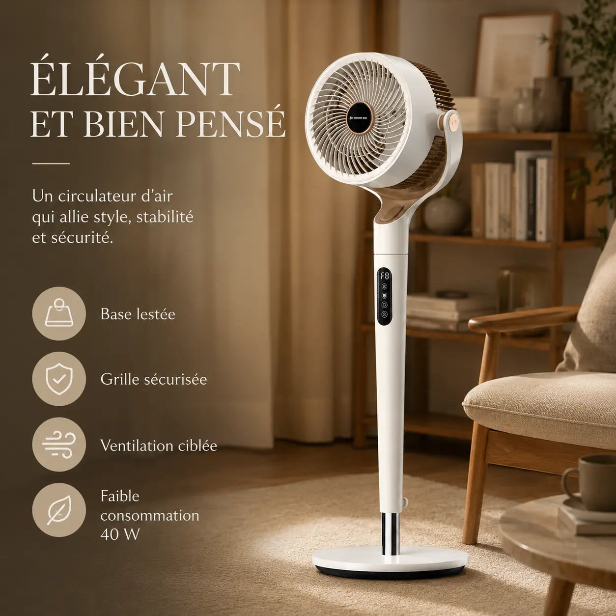 Ventilateur sur pied Oléa Aéris crème avec grille métallique et base stable, idéal pour rafraîchir une pièce.