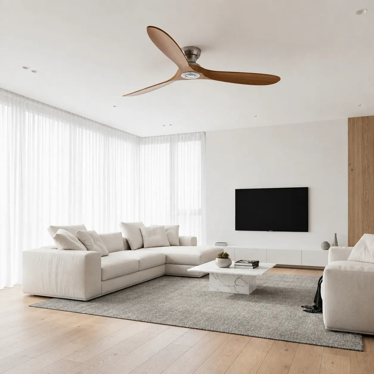 Ventilateur de plafond silencieux en bois massif naturel et argenté Oléa