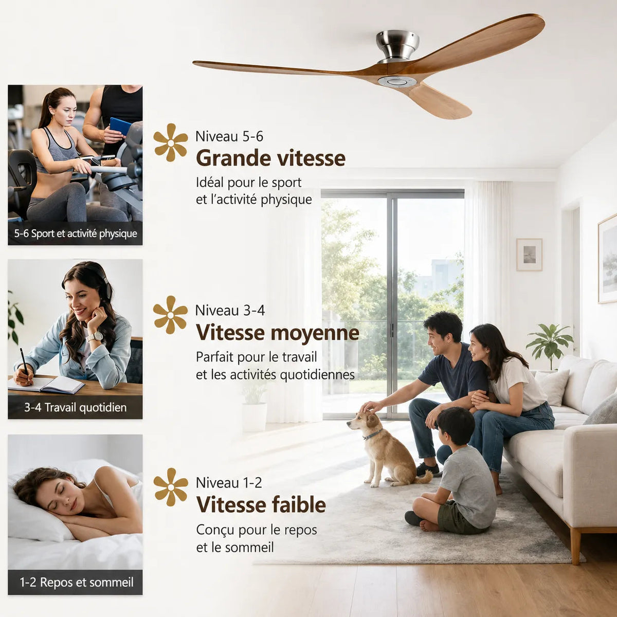Ventilateur de plafond silencieux en bois massif naturel et argenté Oléa