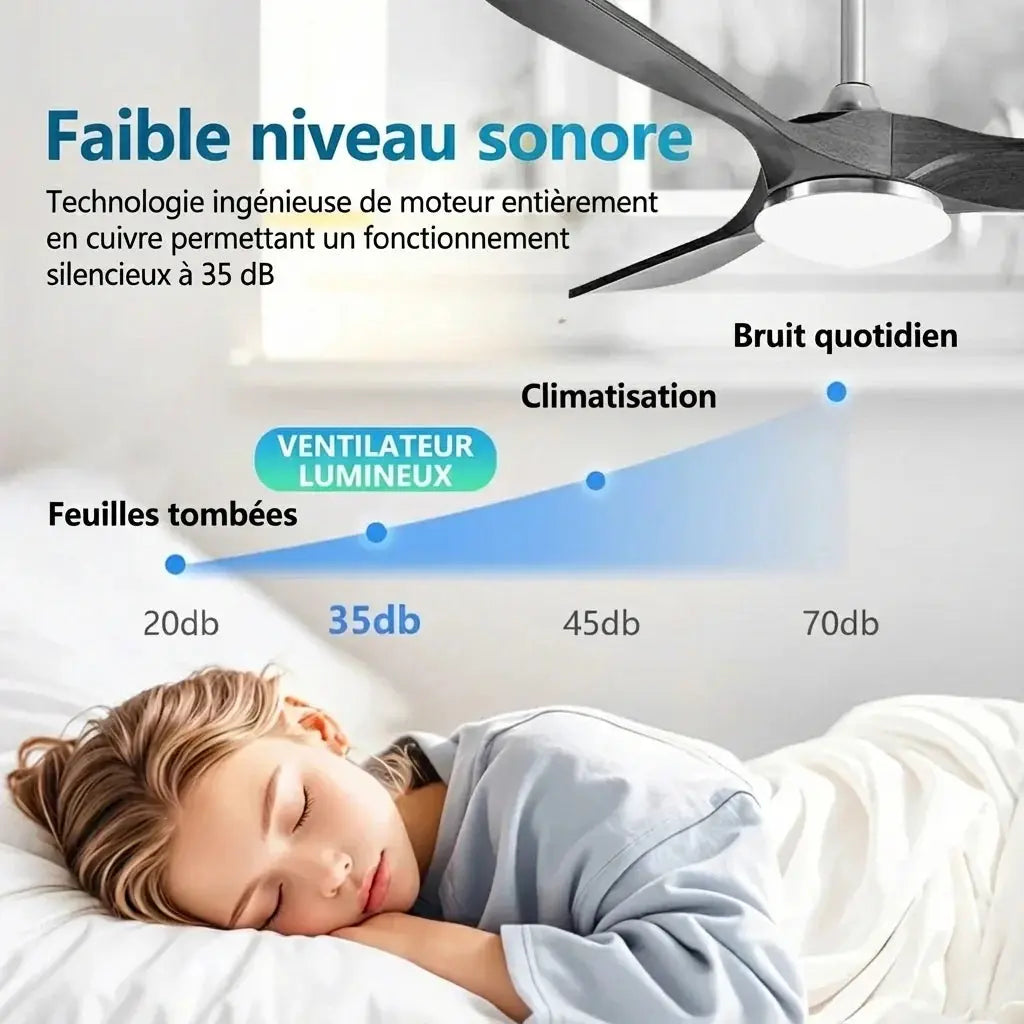 Ventilateur de plafond bois bas DC LED – Finition naturel et blanc Oléa