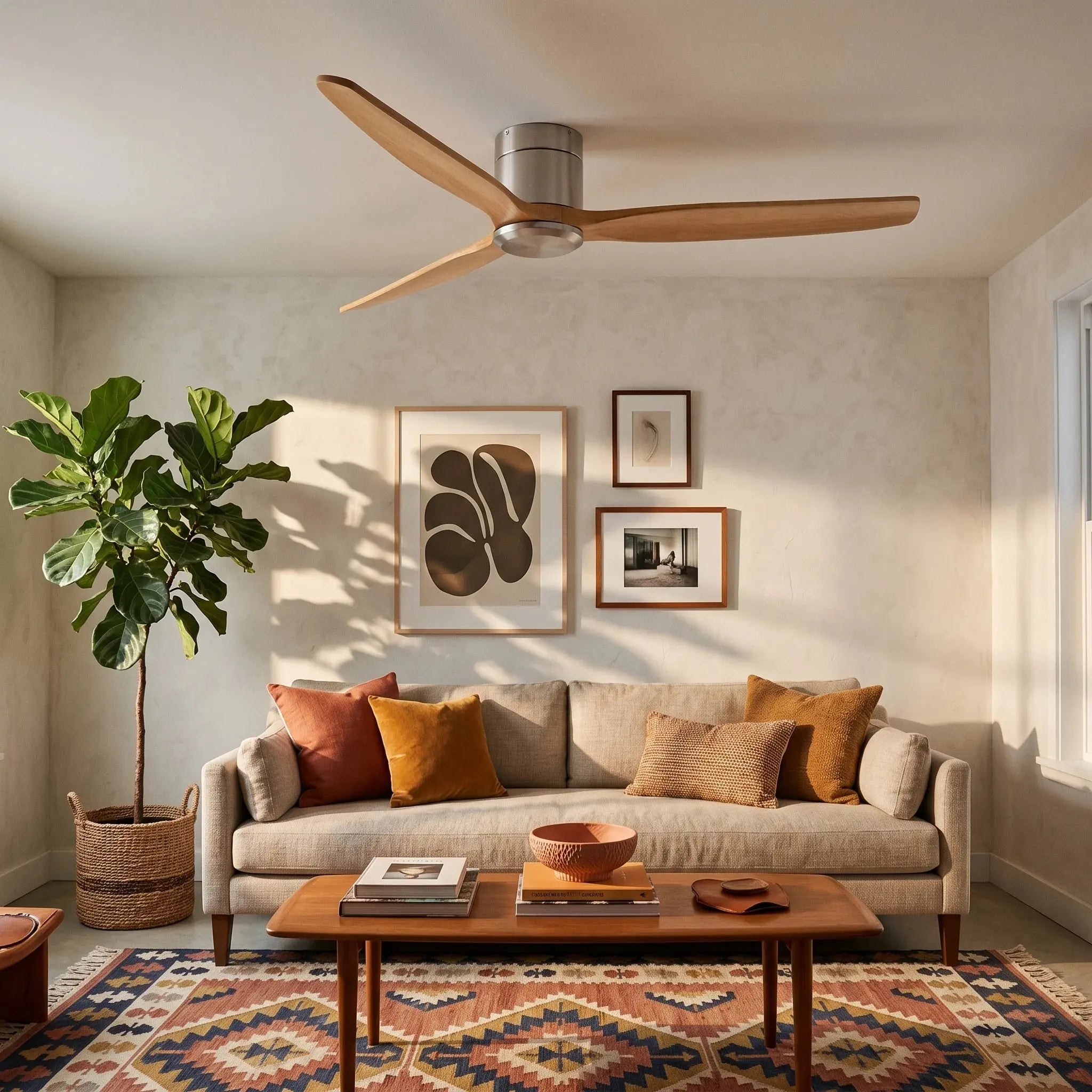 Ventilateur de Plafond Bas Silencieux en Bois Massif Naturel et Argent Oléa