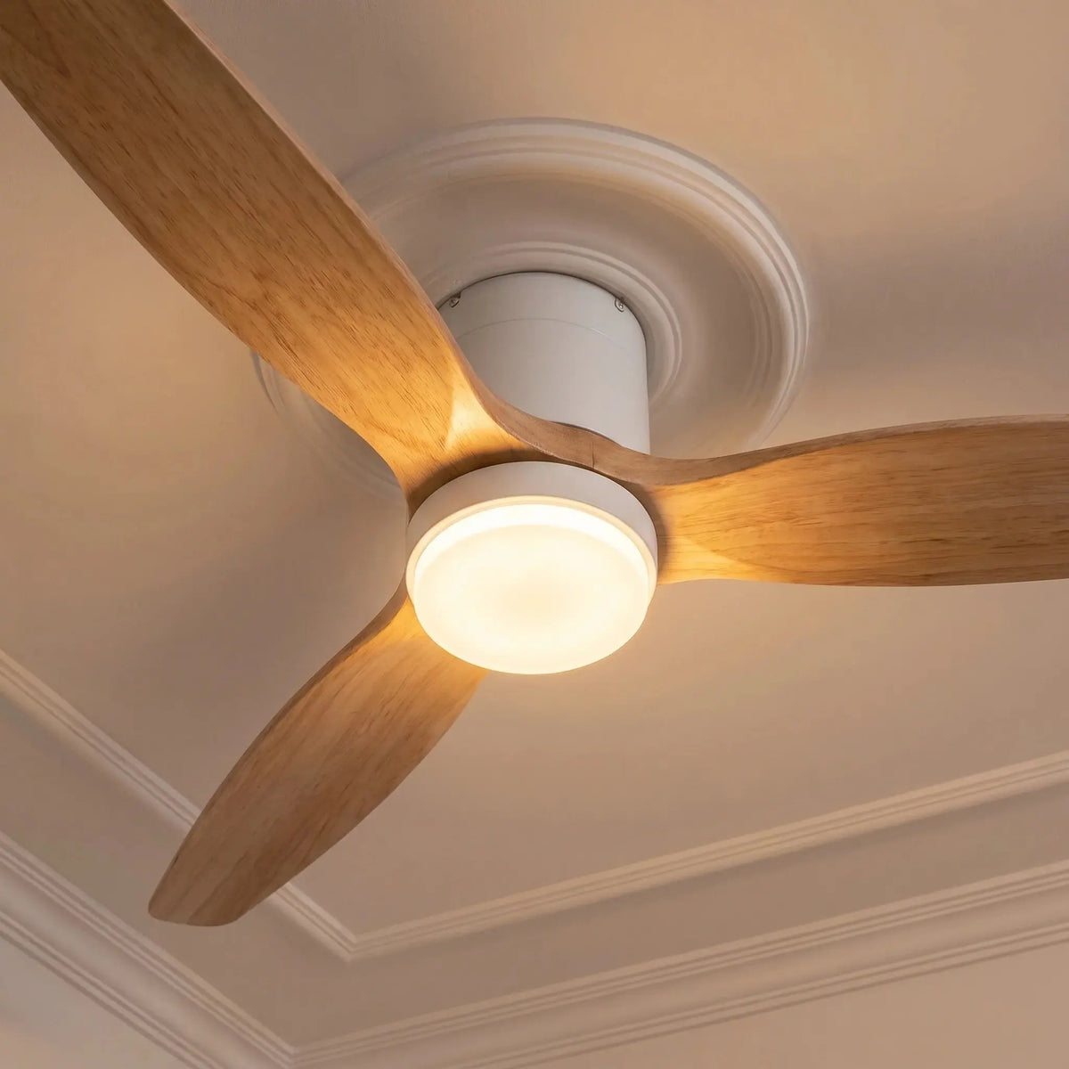 Ventilateur de plafond bois bas DC LED – Finition naturel et blanc Oléa