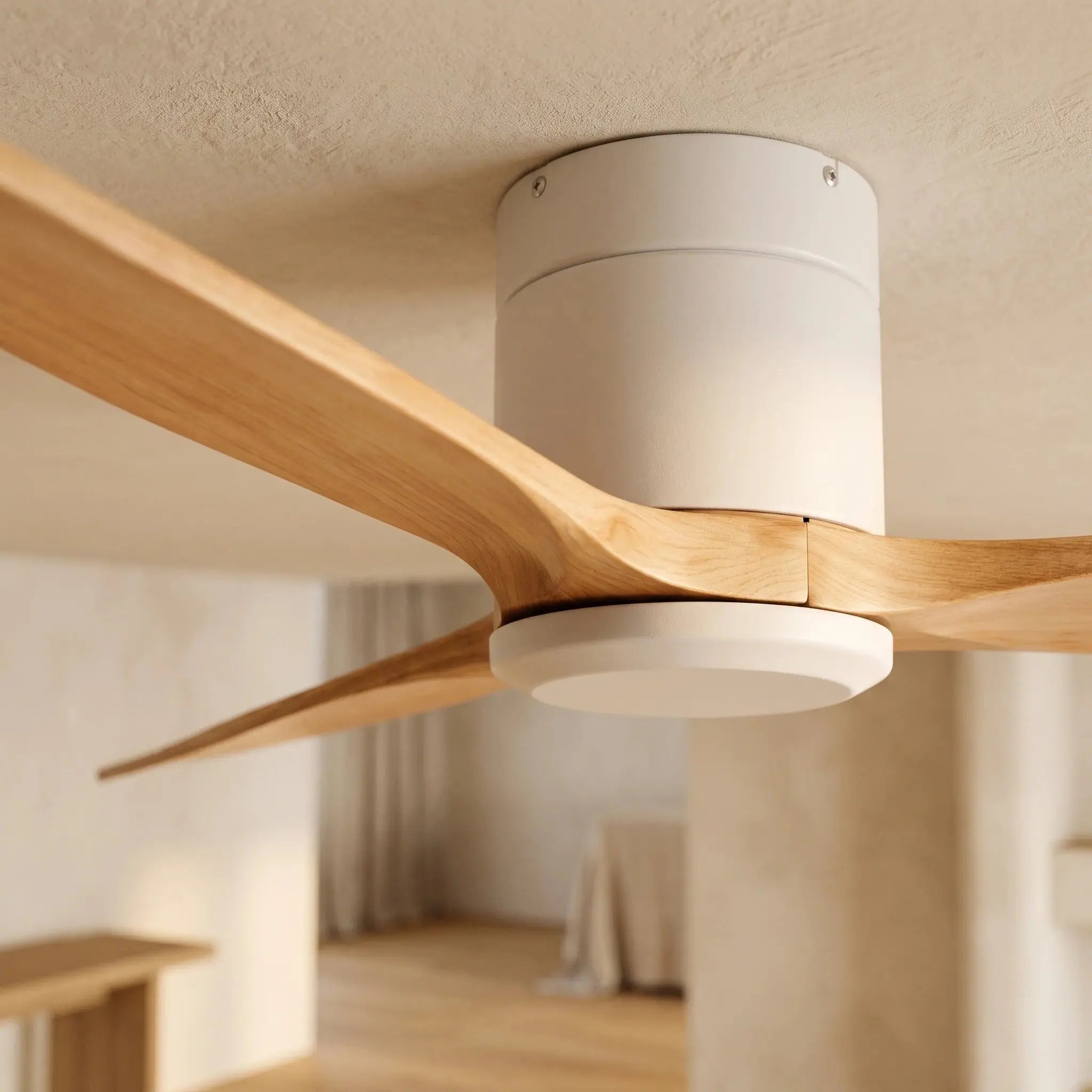 Ventilateur de plafond silencieux blanc bois à profil bas silencieux DC