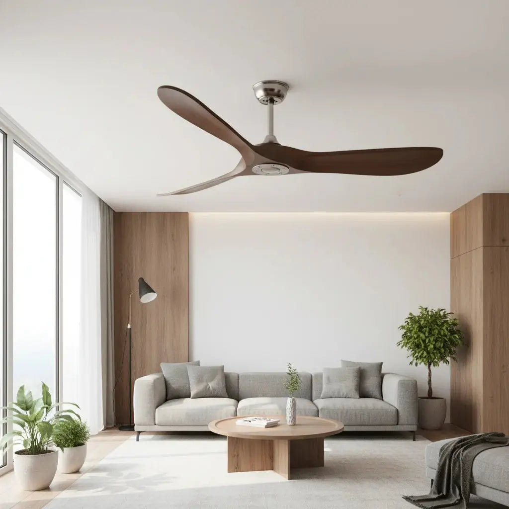 Ventilateur de plafond silencieux 3 pales argenté et bois foncé sans éclairage