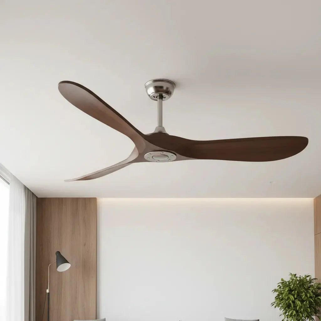 Ventilateur de plafond silencieux 3 pales argenté et bois foncé sans éclairage