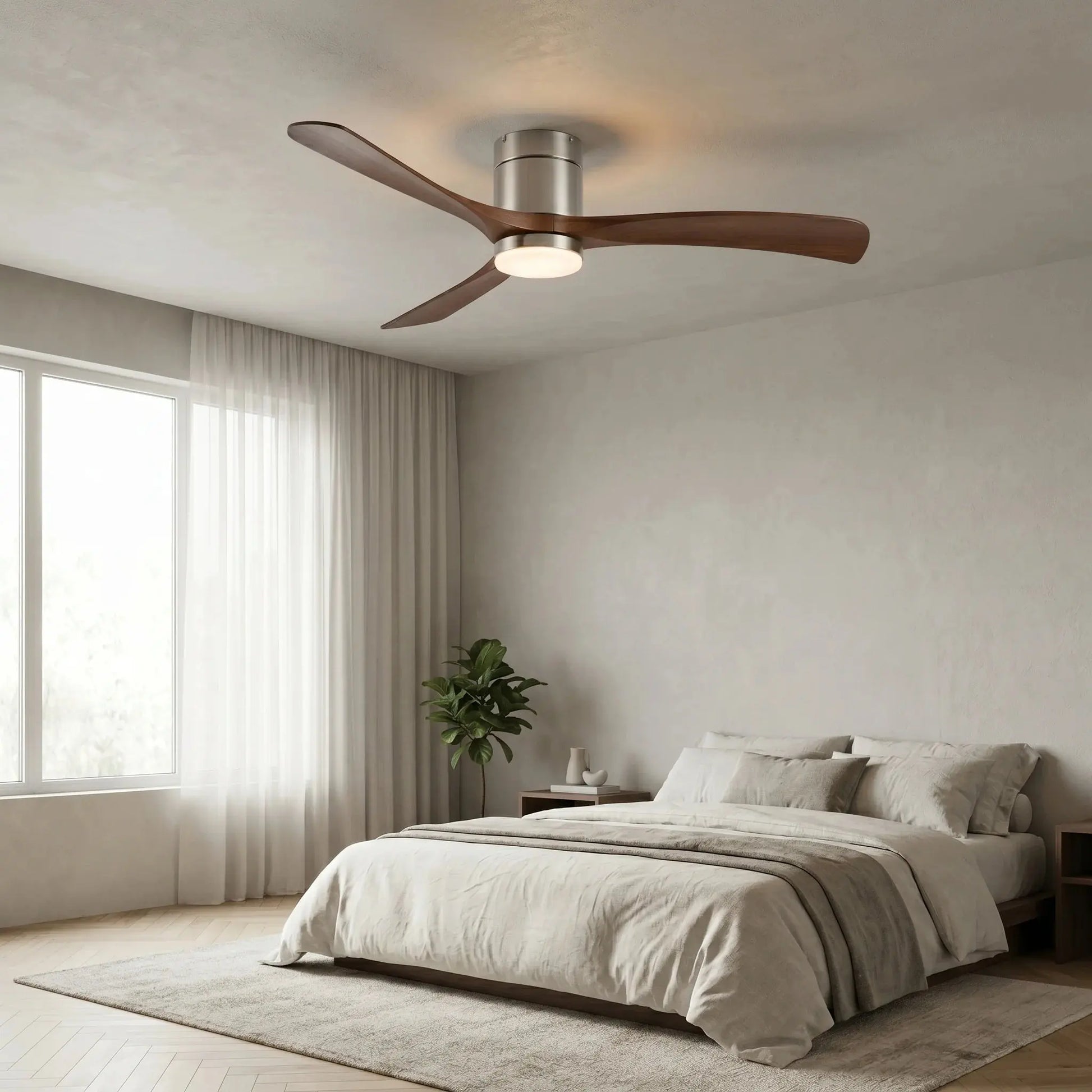 Ventilateur de Plafond Design Moderne Silencieux DC à LED - Argent & ABS Bois Foncé Oléa