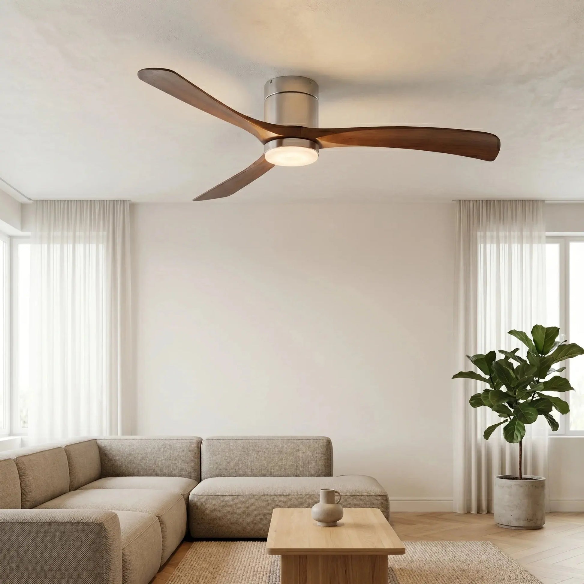 Ventilateur de Plafond Design Moderne Silencieux DC à LED - Argent & ABS Bois Foncé Oléa