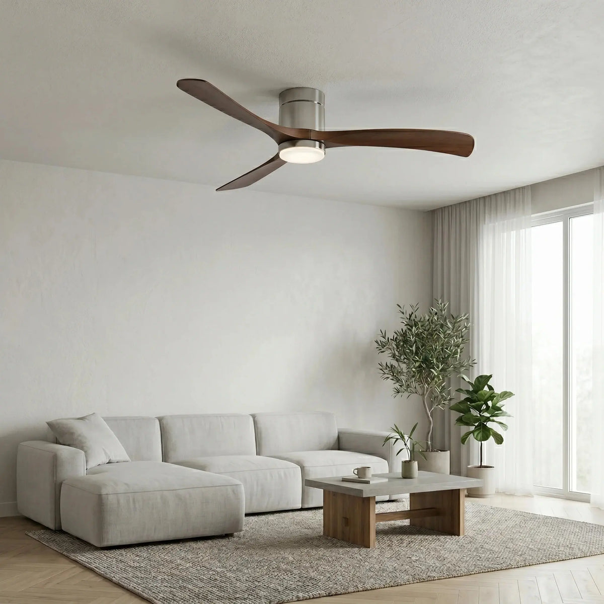 Ventilateur de Plafond Design Moderne Silencieux DC à LED - Argent & ABS Bois Foncé Oléa