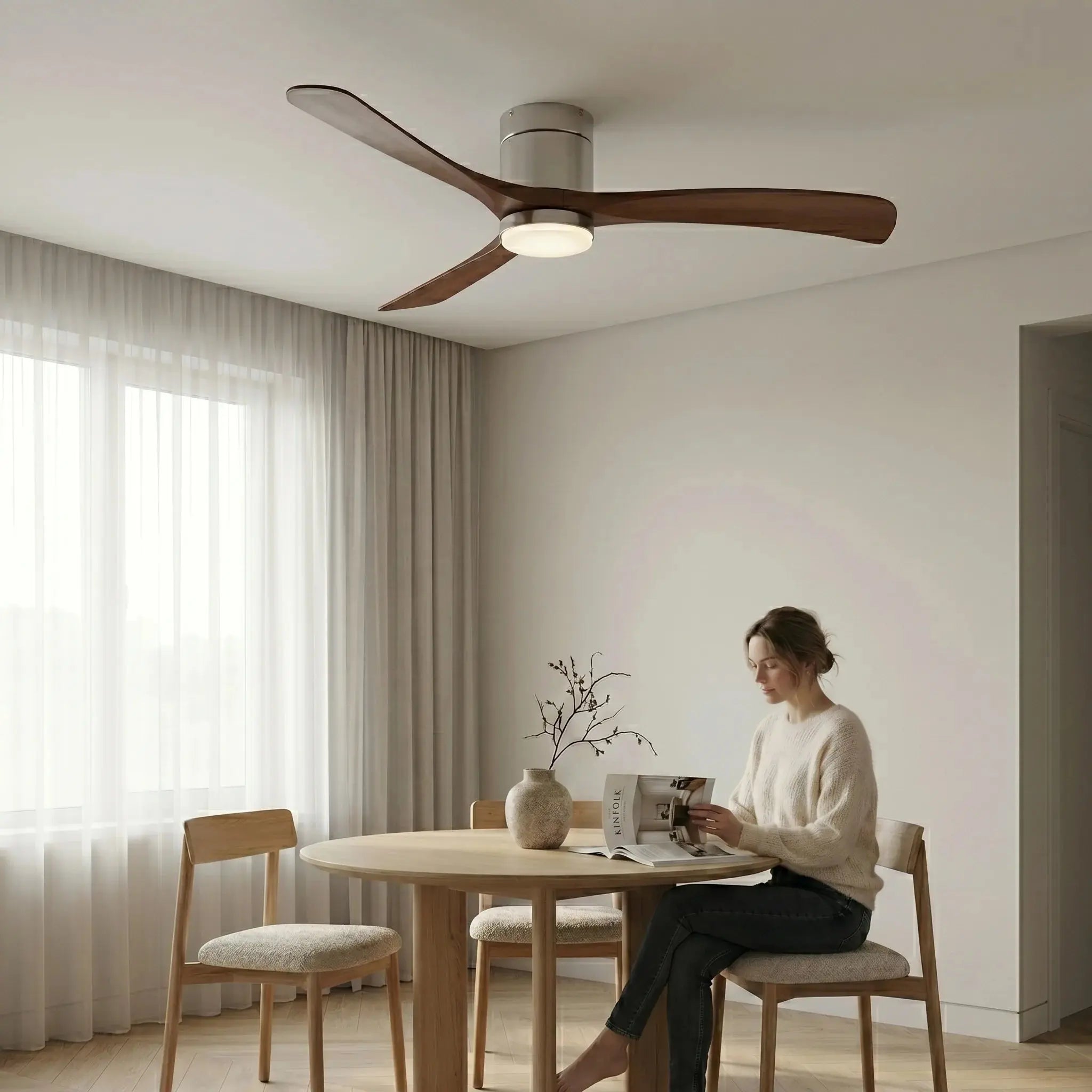Ventilateur de Plafond Design Moderne Silencieux DC à LED - Argent & ABS Bois Foncé Oléa