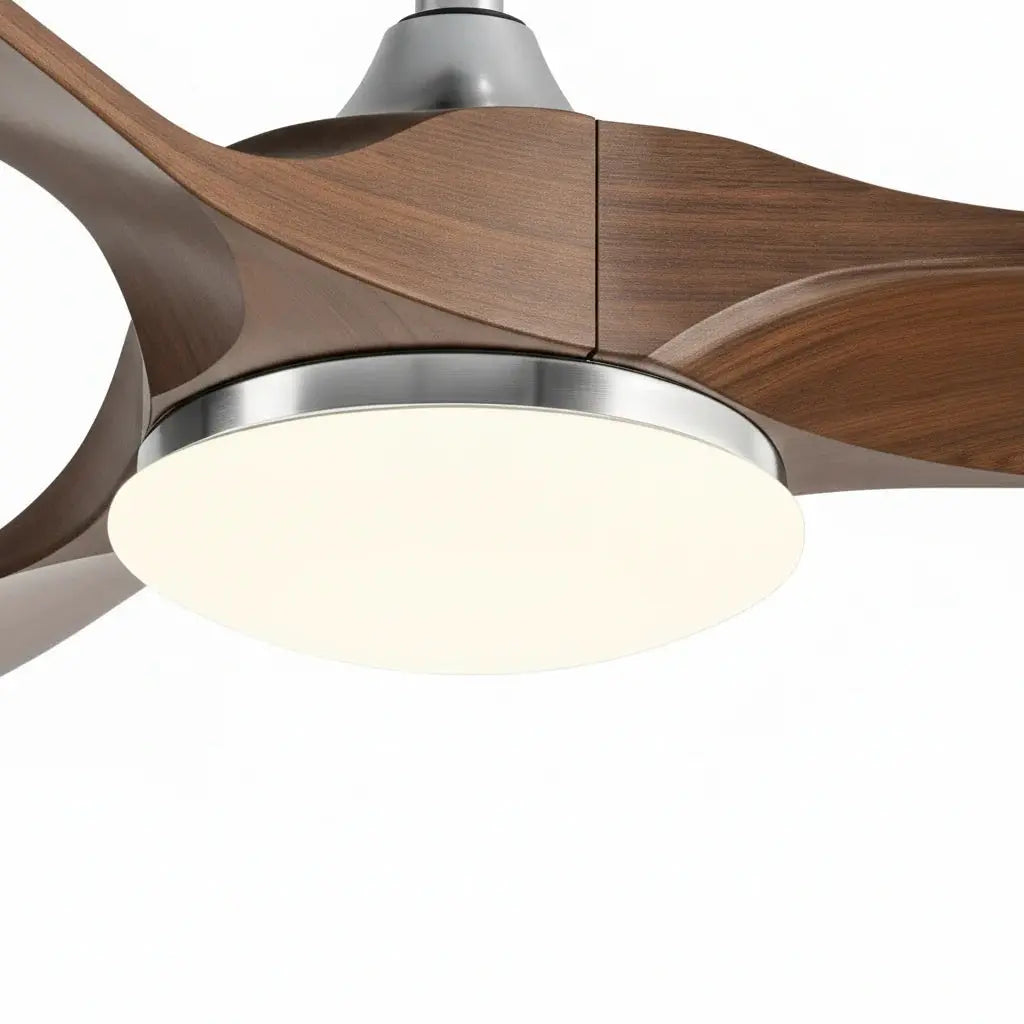 Ventilateur de plafond argenté et bois foncé avec éclairage LED Oléa